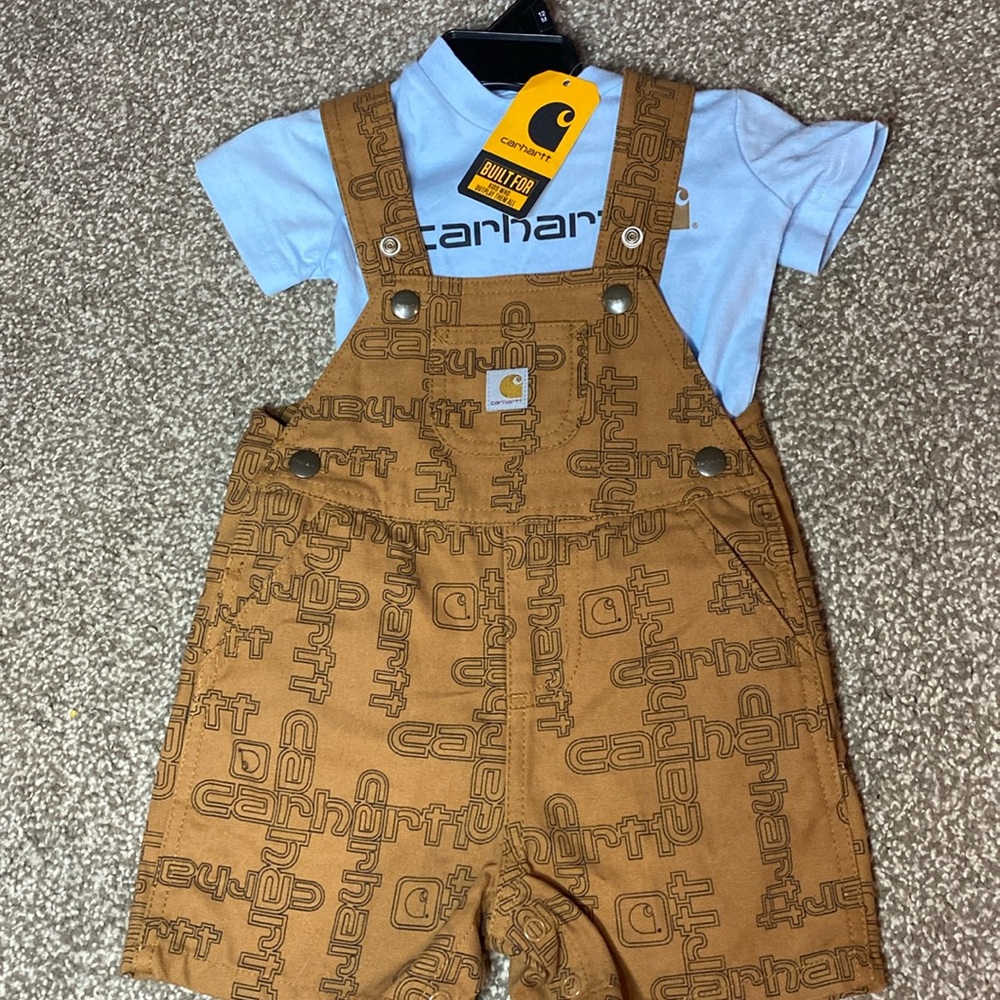NWT Carhartt Size 12m short sleeve bodysuit and canvas overall set
